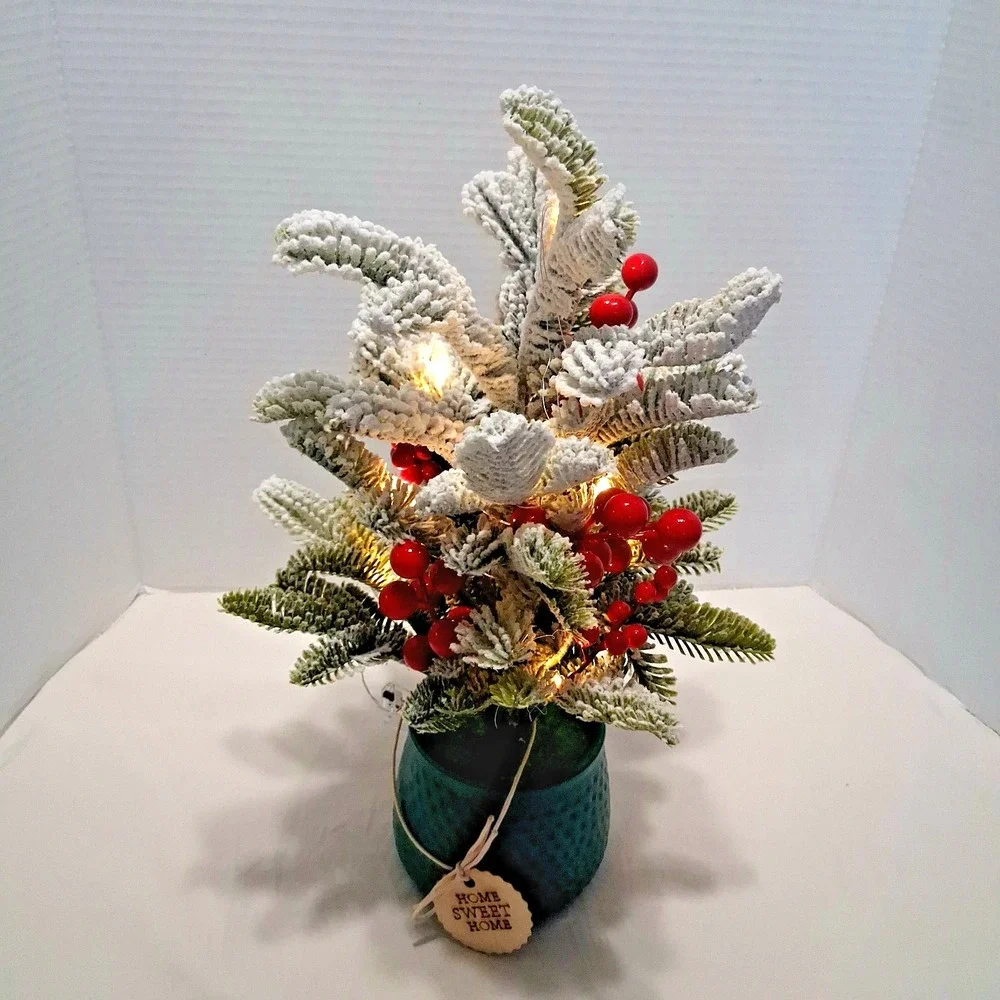 Christmas Tree with Red‎ Berries Pot Home Sweet Home Decor Light Up Battery Pack
